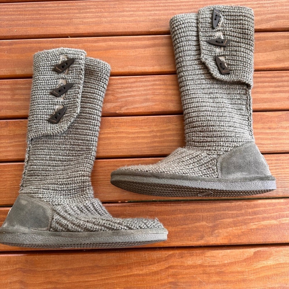 BEARPAW KNIT TALL GREY Boots Sheepskin Footbed 3 Button Womens 10
